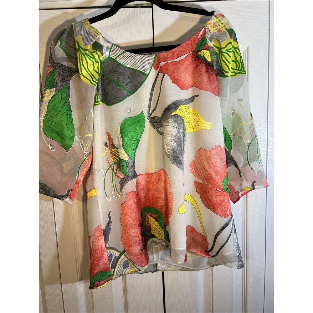 Voom by Joy Han Women's Sz Medium Floral Top Raglan Sleeve Sheer 3/4 Sleeves USA